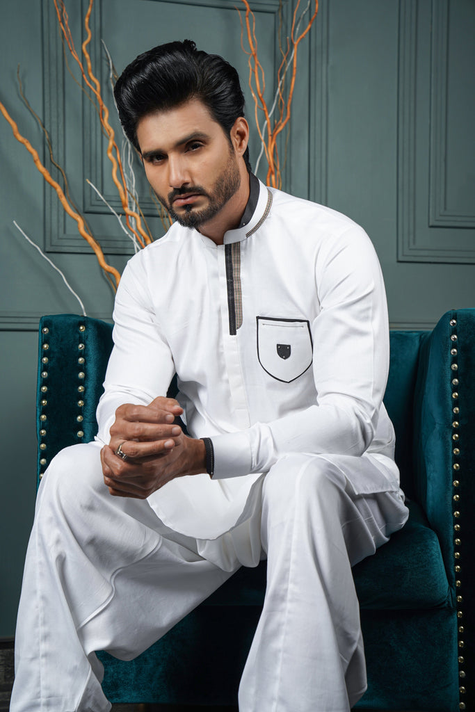 ER 599 White Embelished 4 Season Kurta Pajama For Men