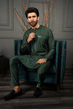 Load image into Gallery viewer, ER 579 Dark Green Cotton Silk Crew Neck Collar Embelished With EMmbroidery on Pockets