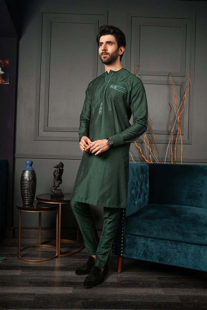 ER 579 Dark Green Cotton Silk Crew Neck Collar Embelished With EMmbroidery on Pockets