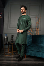 Load image into Gallery viewer, ER 579 Dark Green Cotton Silk Crew Neck Collar Embelished With EMmbroidery on Pockets