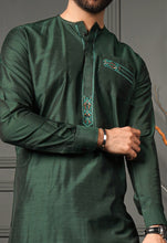 Load image into Gallery viewer, ER 579 Dark Green Cotton Silk Crew Neck Collar Embelished With EMmbroidery on Pockets