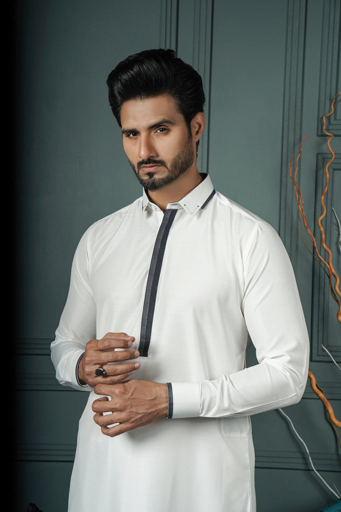 ER 607 White Collar and Placket Contrast 4 Season Blended Kameez Shalwar