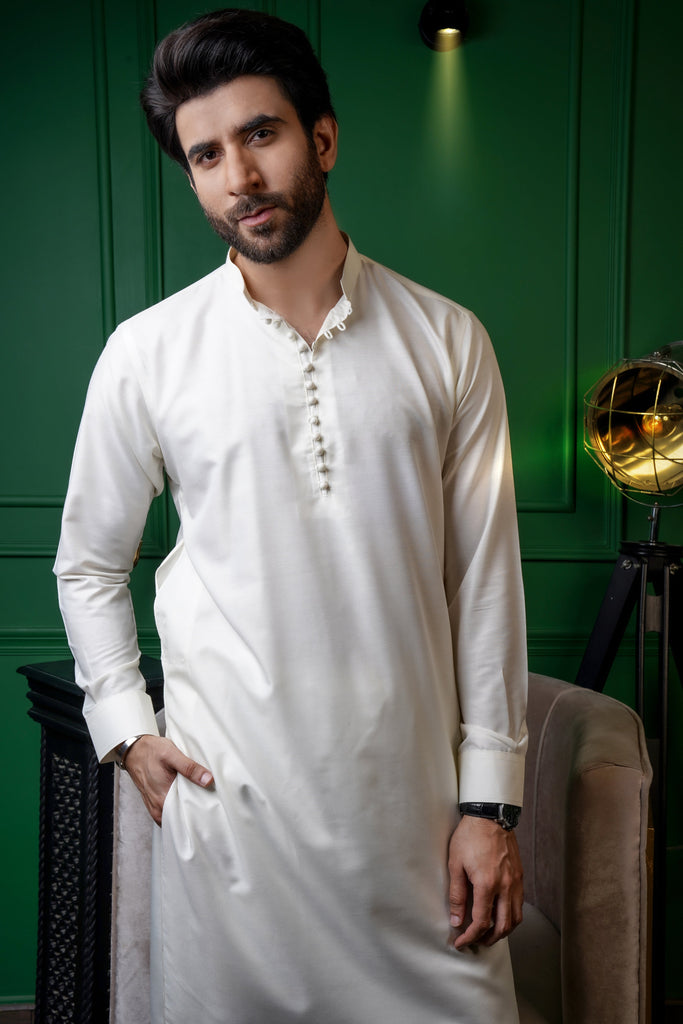 ER 623 White Chinese Colar Loop Button Kurta Pajama