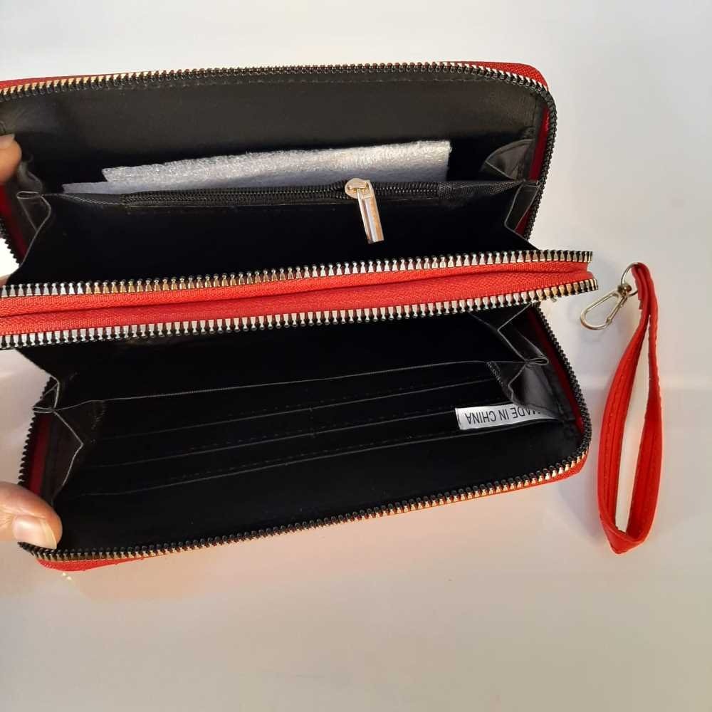 Double Zip Wallet Purse With Wristlet Strap - Red - W02