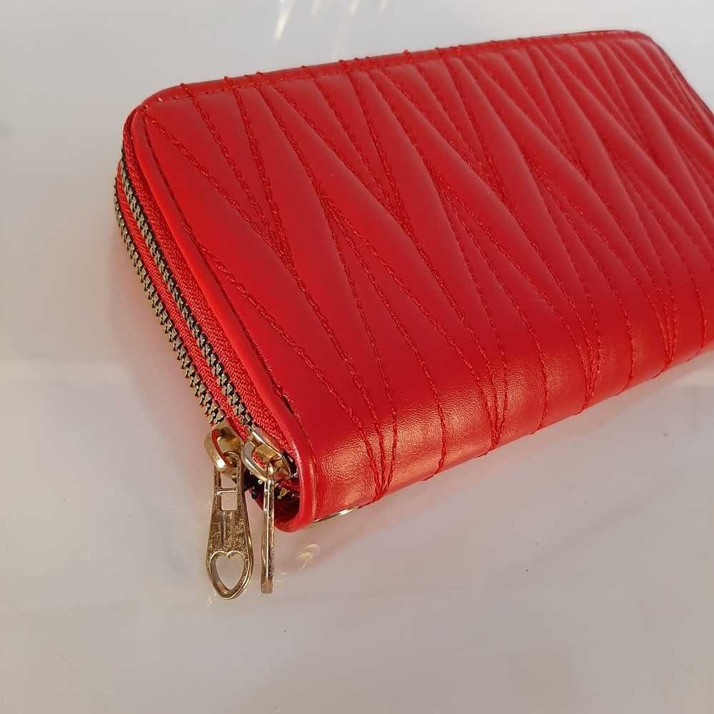 Double Zip Wallet Purse With Wristlet Strap - Red - W02