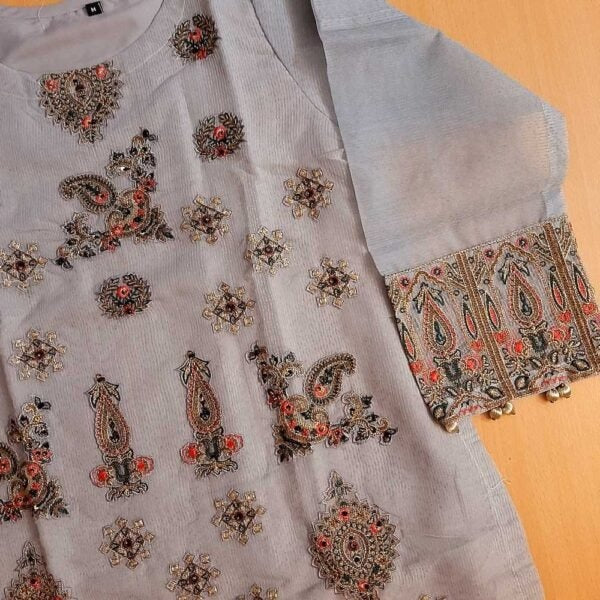 Embroided Khaadi Net Kurti - Grey - ZK127