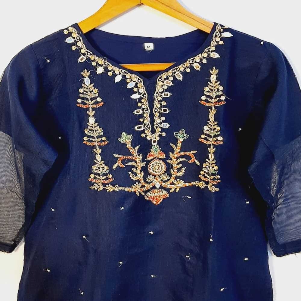 Embroided Khaadi Net Kurti - Navy - ZK125