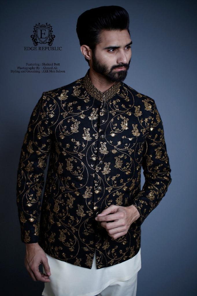 ER PC 2040 Black Exclusive Raw Silk SequenceEmbroided Prince Coat