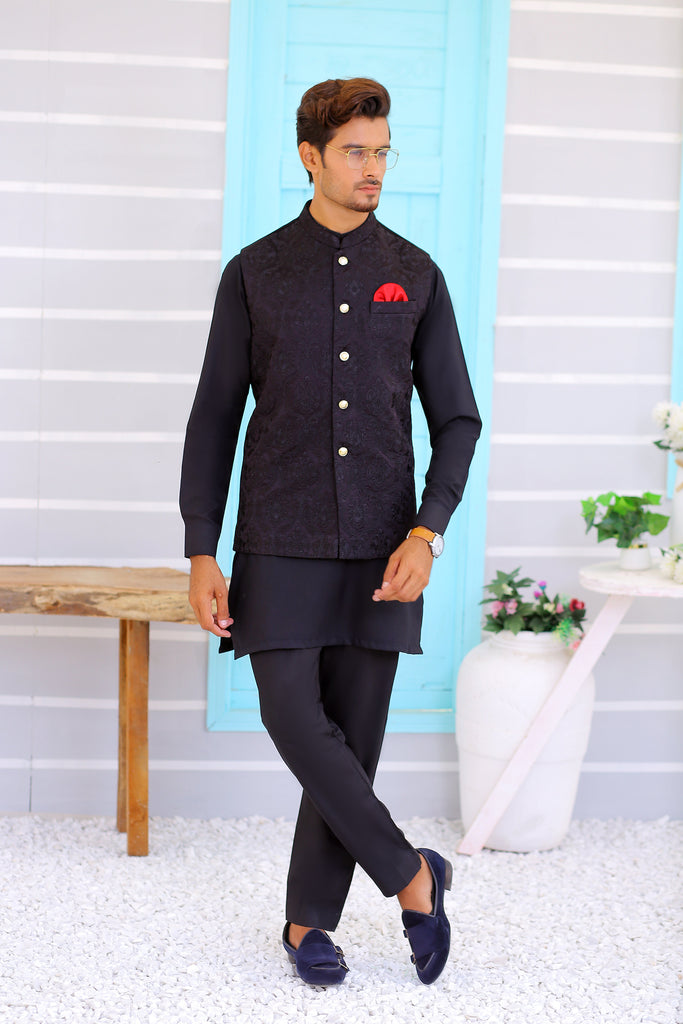 ER WC 1072 Black Embroidered Waistcoat