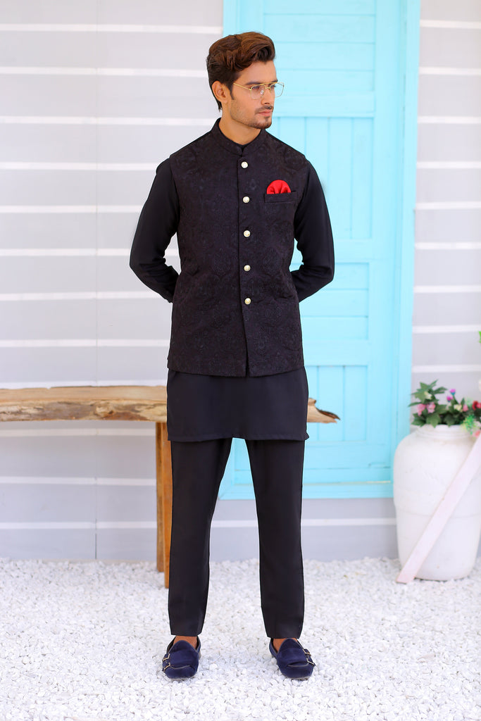 ER WC 1072 Black Embroidered Waistcoat