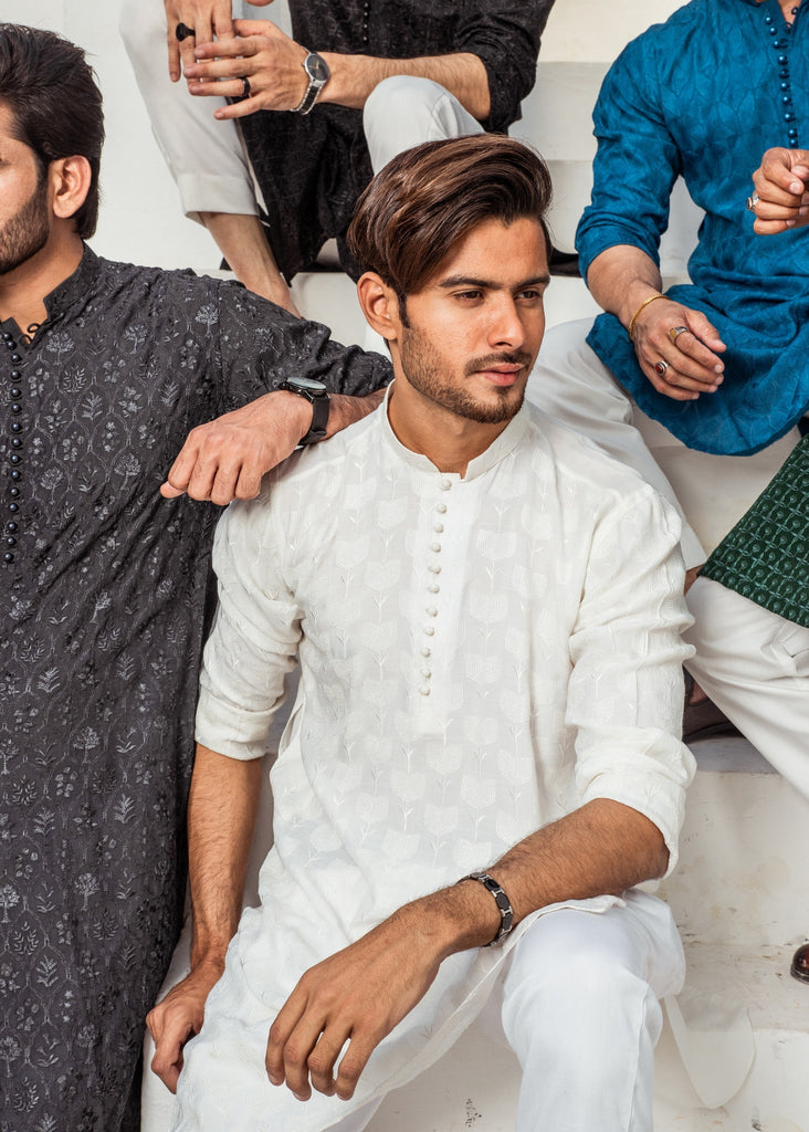 CK 723 White Chicken Kari Kurta Pajama For Men