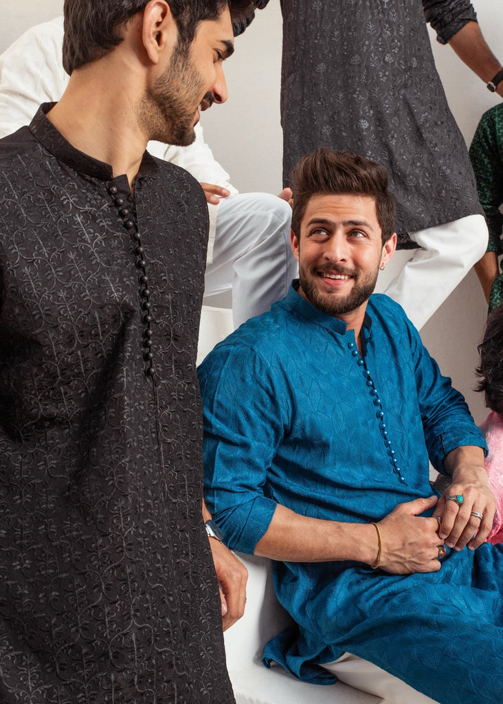 CK 720 Black ChickanKari Kurta Pajama For Men