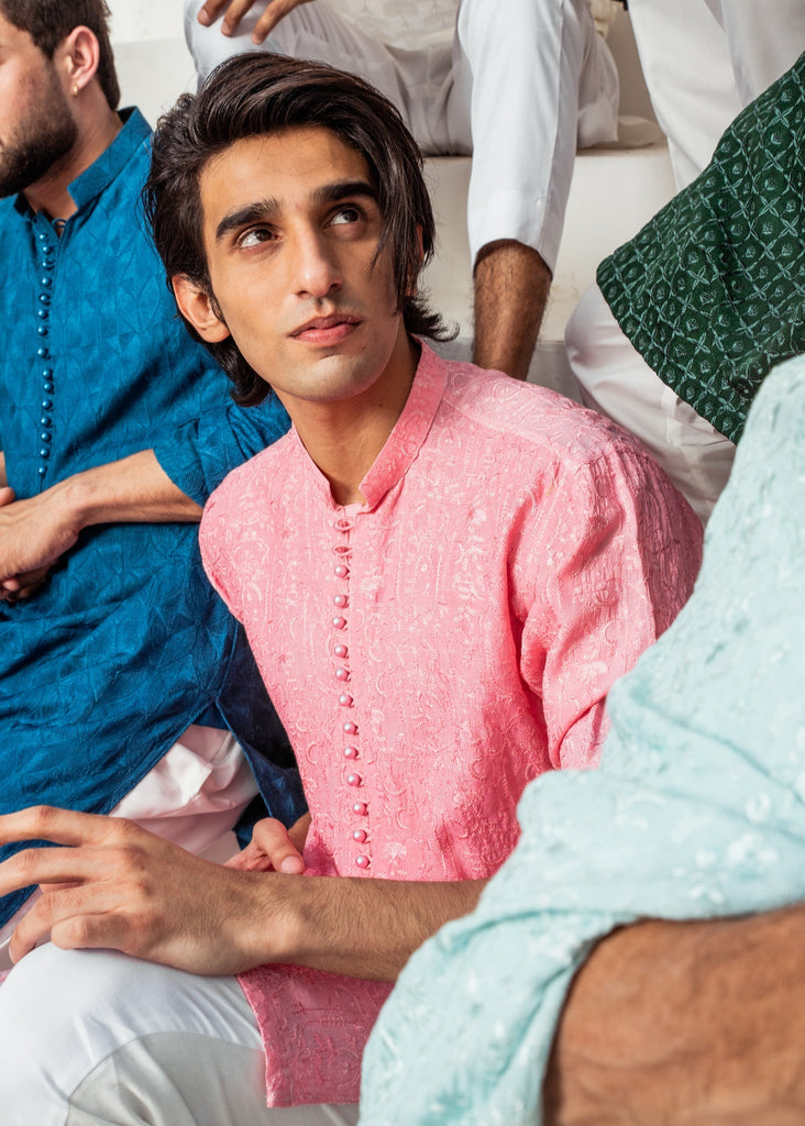 CK 722 Pink ChickanKari Kurta Pajama For Men