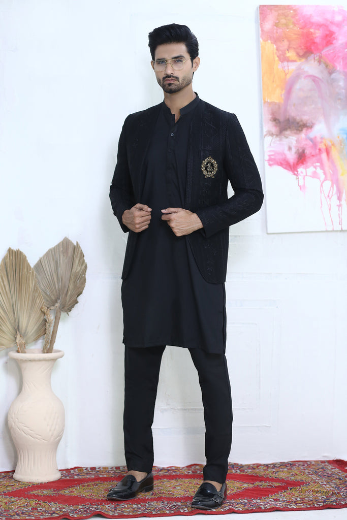 ER PC 3003 Black Front open Prince Coat For Men