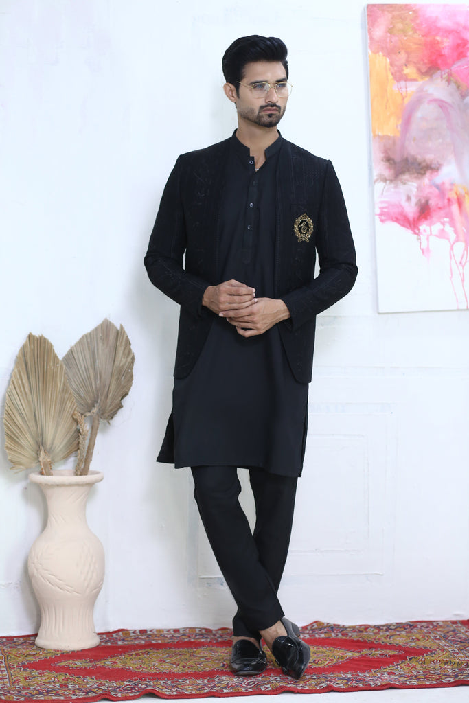 ER PC 3003 Black Front open Prince Coat For Men