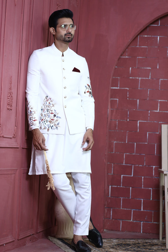 ER PC 3002 White Flower Embroided Nikkah Prince Coat For Men