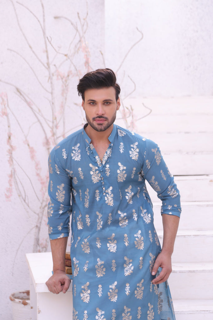 ER MR 52 Blue Self Cotton Silk Fabric Kurta Pajama Mirror Work For Men