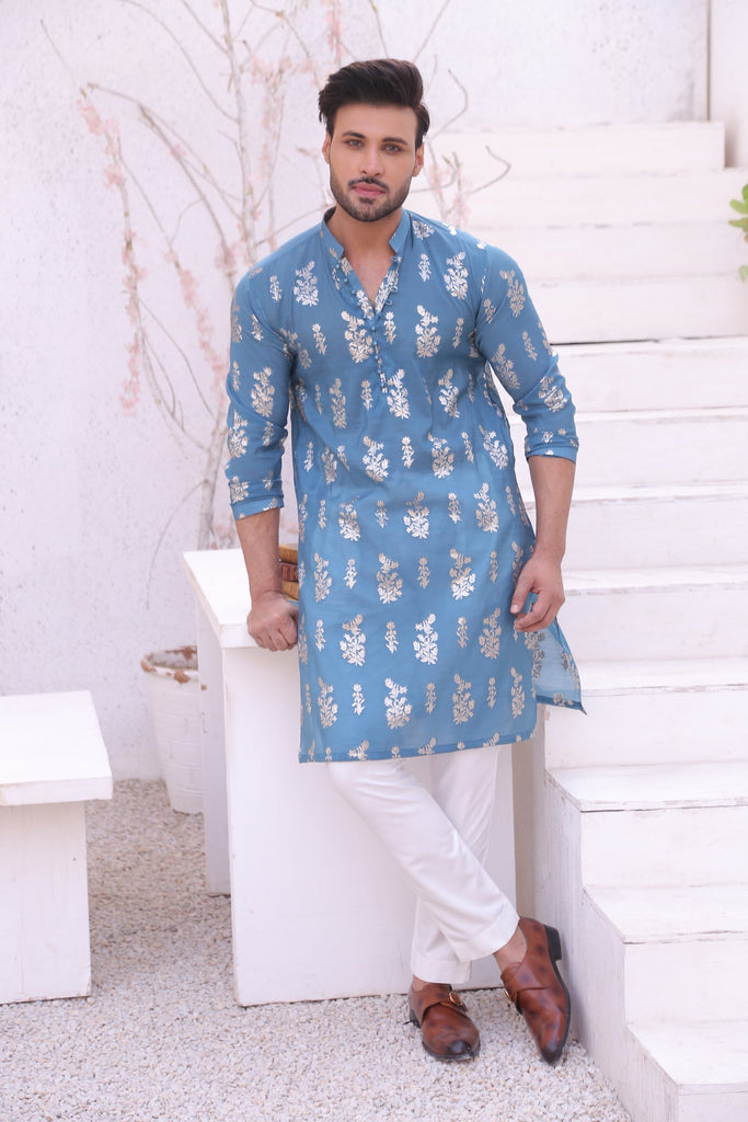 ER MR 52 Blue Self Cotton Silk Fabric Kurta Pajama Mirror Work For Men