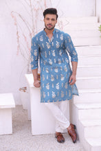 Load image into Gallery viewer, ER MR 52 Blue Self Cotton Silk Fabric Kurta Pajama Mirror Work For Men