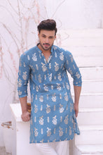 Load image into Gallery viewer, ER MR 52 Blue Self Cotton Silk Fabric Kurta Pajama Mirror Work For Men