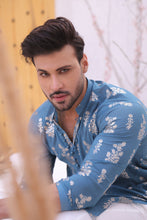 Load image into Gallery viewer, ER MR 52 Blue Self Cotton Silk Fabric Kurta Pajama Mirror Work For Men