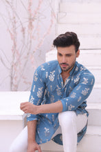 Load image into Gallery viewer, ER MR 52 Blue Self Cotton Silk Fabric Kurta Pajama Mirror Work For Men