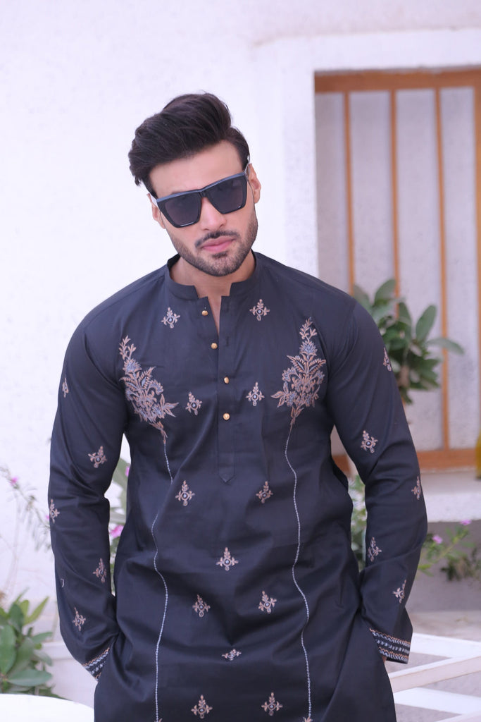 ER MR 49 Black Embroidered Cotton Silk Fabric Kurta Pajama Mirror Work For Men