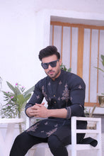 Load image into Gallery viewer, ER MR 49 Black Embroidered Cotton Silk Fabric Kurta Pajama Mirror Work For Men