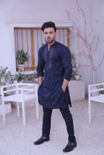 Load image into Gallery viewer, ER MR 50 Blue Mirror Work Self Cotton Silk Fabric Kurta Pajama Mirror Work For Men