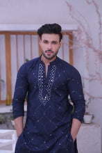 Load image into Gallery viewer, ER MR 50 Blue Mirror Work Self Cotton Silk Fabric Kurta Pajama Mirror Work For Men