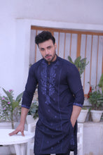 Load image into Gallery viewer, ER MR 50 Blue Mirror Work Self Cotton Silk Fabric Kurta Pajama Mirror Work For Men