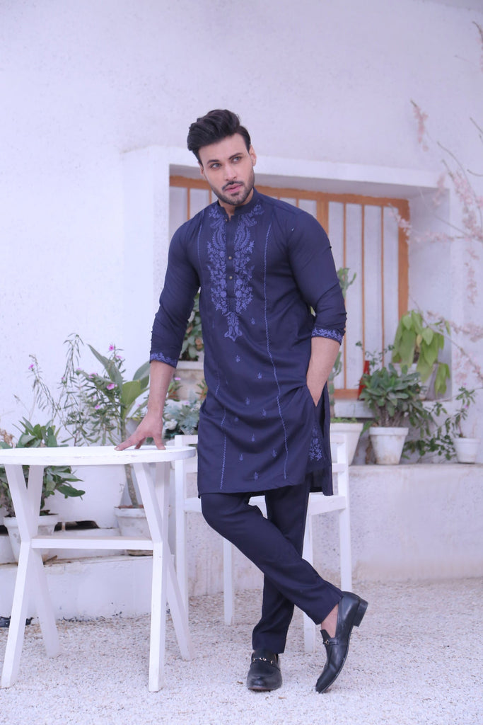 ER MR 48 Blue Chicken Kari Work Self  Fabric Kurta Pajama Mirror Work For Men