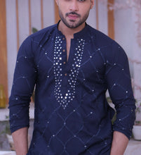 Load image into Gallery viewer, ER MR 50 Blue Mirror Work Self Cotton Silk Fabric Kurta Pajama Mirror Work For Men