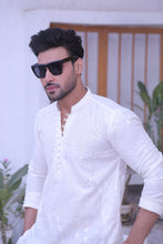 Load image into Gallery viewer, ER MR 45 White Chicken Kari Work Self Cotton Silk Fabric Kurta Pajama Mirror Work For Men