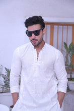 Load image into Gallery viewer, ER MR 45 White Chicken Kari Work Self Cotton Silk Fabric Kurta Pajama Mirror Work For Men