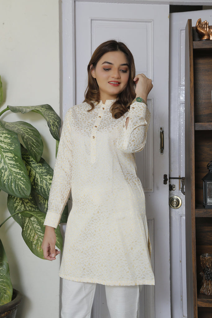 ER Self WM 25 Self Gold Eid Kurta With White Trouser