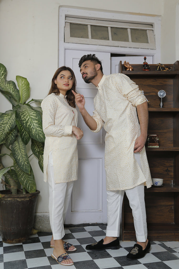 ER Self CP 9 Self Gold Eid Kurta With White Trouser FOR Couples