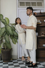 Load image into Gallery viewer, ER Self CP 9 Self Gold Eid Kurta With White Trouser FOR Couples