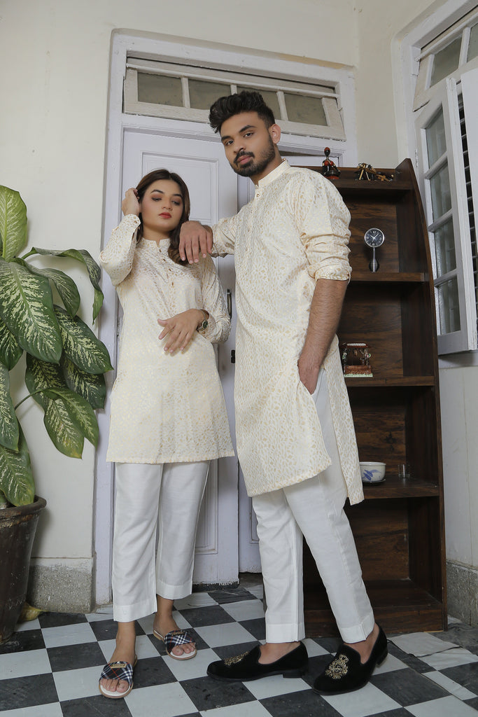 ER Self CP 9 Self Gold Eid Kurta With White Trouser FOR Couples