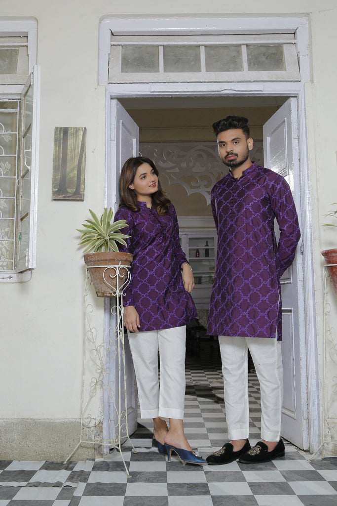 ER EMB CP 7 Purple Embroided Kurta With White Trouser For Couple