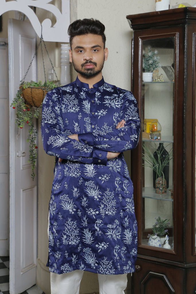 ER CP 6 Bluish Color with Floral Embroided Kurta With White Trouser For Couples