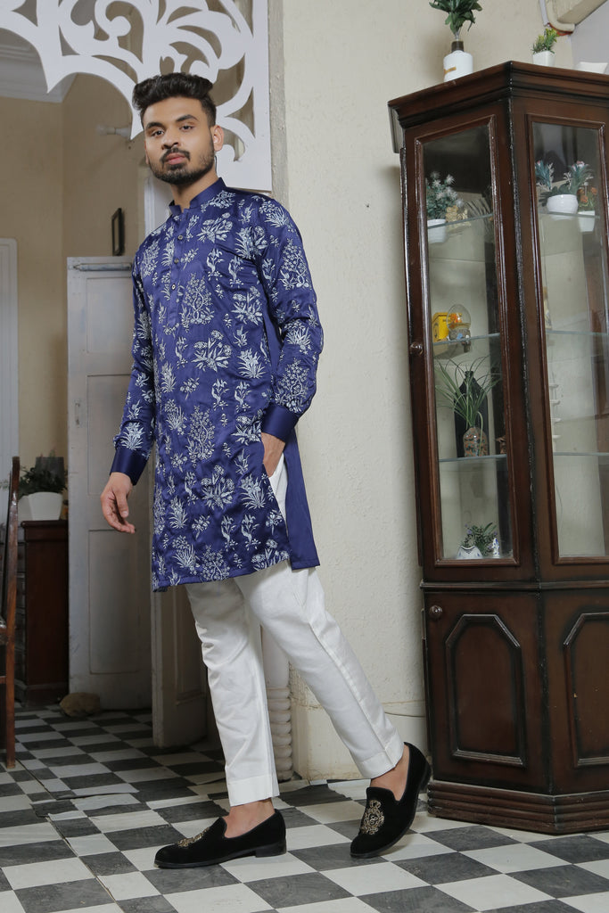 ER CP 6 Bluish Color with Floral Embroided Kurta With White Trouser For Couples