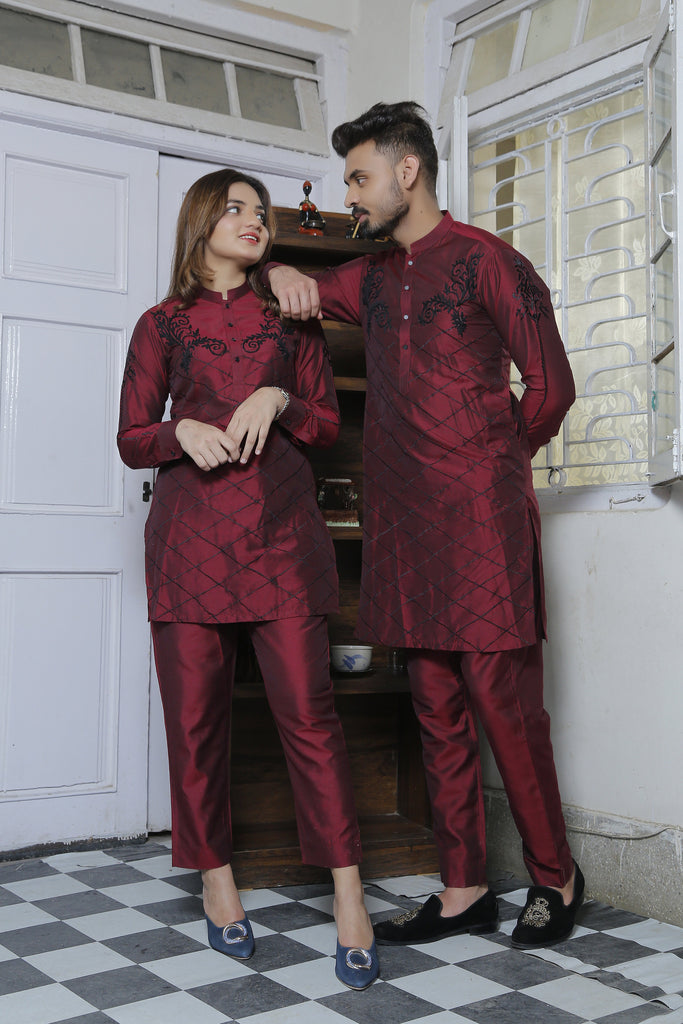 ER CP 5 Maroon Cotton Silk Kurta Pajama With Black Extravagant Embroidery For Couples