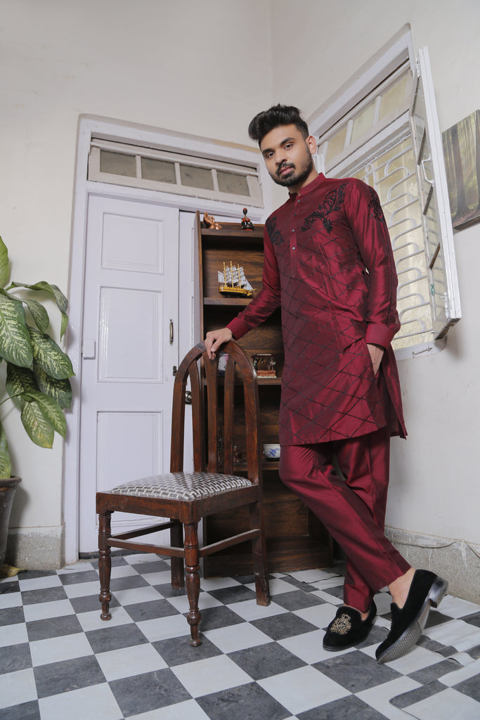 ER Emb 620 Maroon Cotton Silk Kurta Pajama With Black Extravagant Embroidery