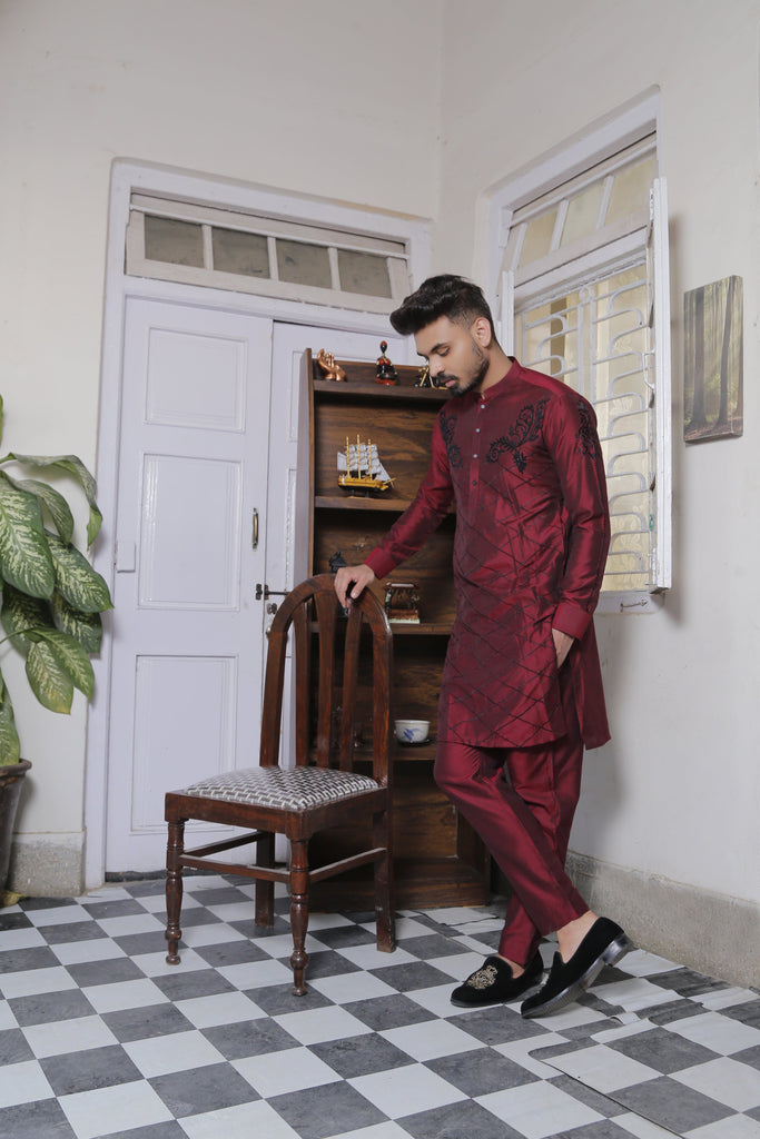 ER Emb 620 Maroon Cotton Silk Kurta Pajama With Black Extravagant Embroidery