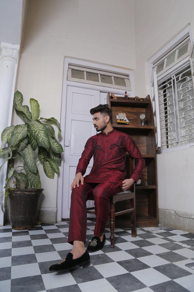 ER Emb 620 Maroon Cotton Silk Kurta Pajama With Black Extravagant Embroidery