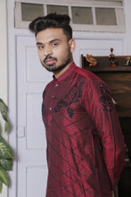 Load image into Gallery viewer, ER Emb 620 Maroon Cotton Silk Kurta Pajama With Black Extravagant Embroidery