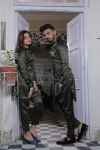 Load image into Gallery viewer, ER Green CP 8 Olive green Kurta Pajama with Gold Buttons For Couples