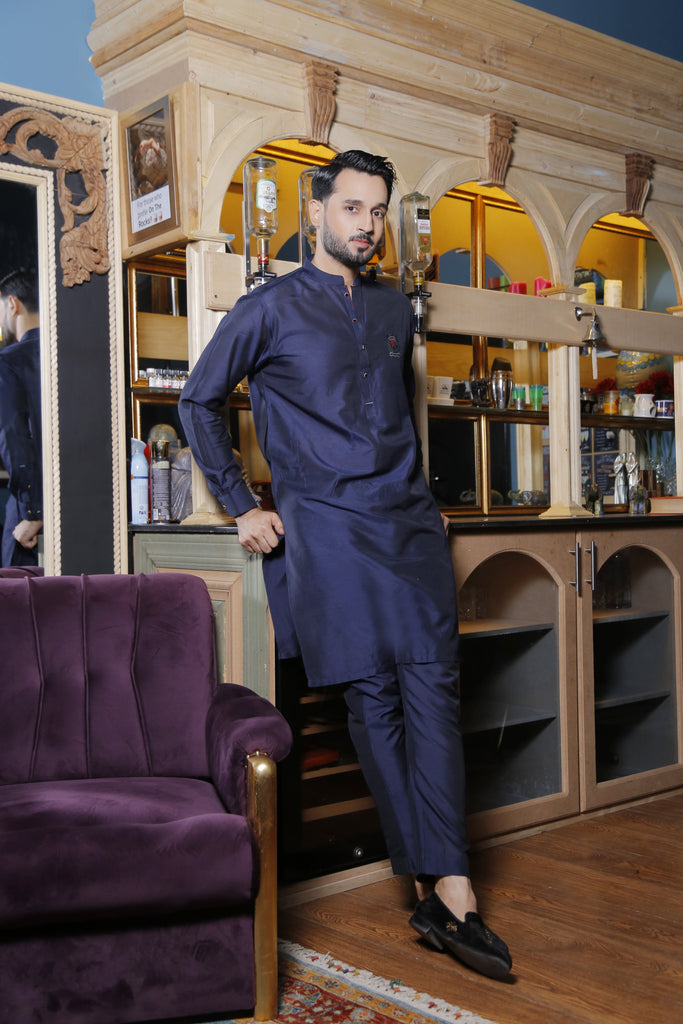 ER 573 Blue Cotton Silk Kurta Pajama With green Emblishments and Chest Logo