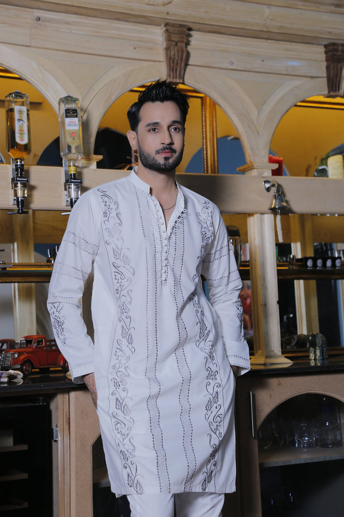 ER 566 White Grey Embroided Designer Kurta Pajam For Men